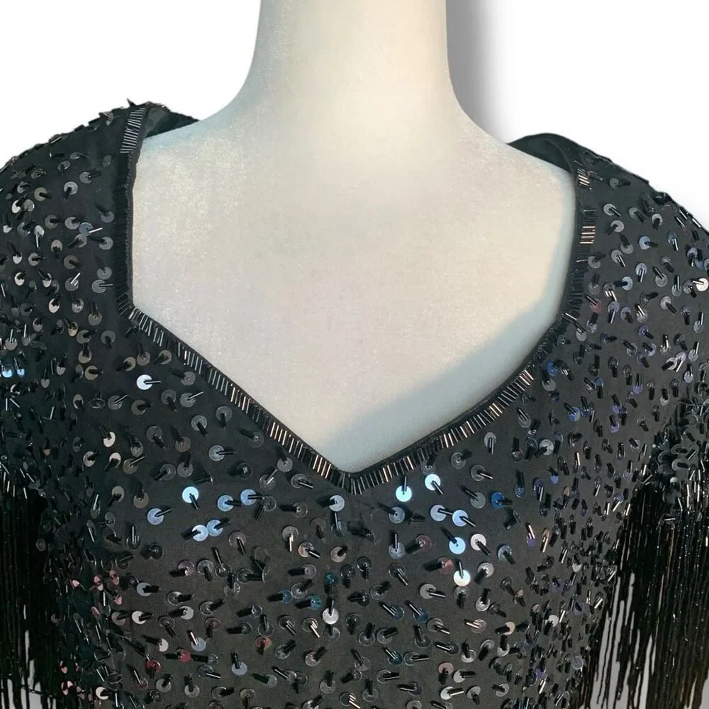 Vintage 80s Cocktail Dress Silk Black Metallic Sequin Fringe Hemmed Sleeve‎ 10